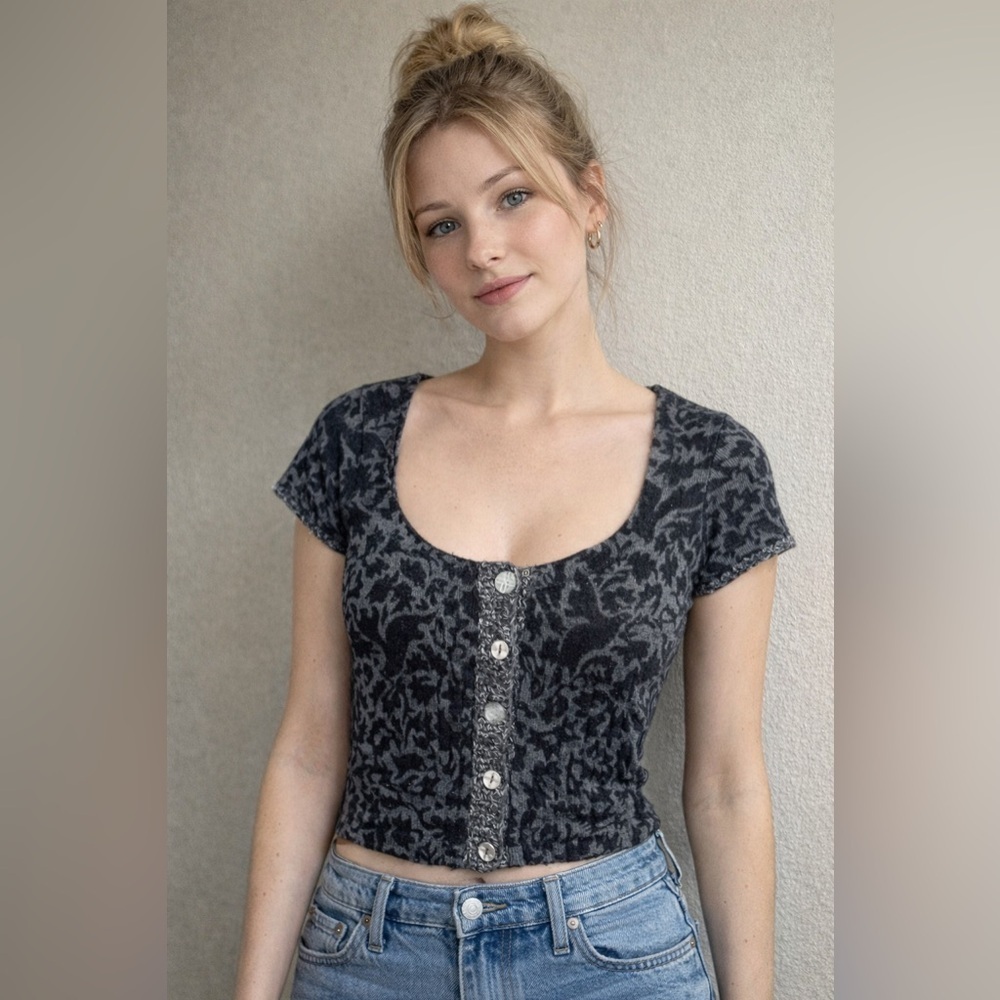 Free People Womens Cardigan Sweater Cropped Lambswool Rabbit Short Sleeve Sz M